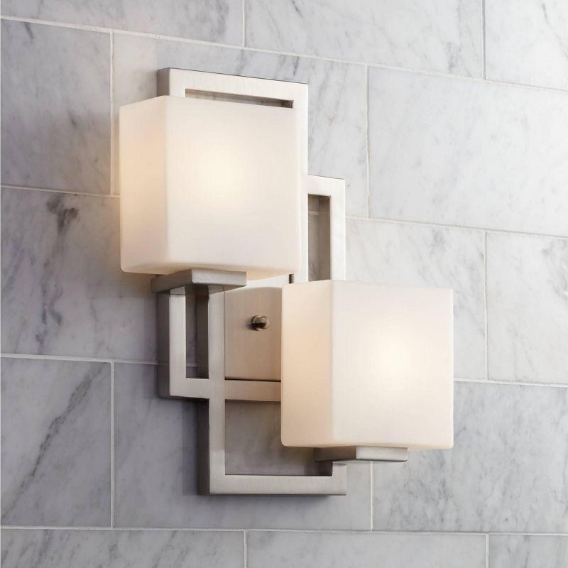 Possini Euro Design Modern Wall Light Sconce Brushed Nickel Hardwired 15 1/2" 2-Light Fixture Square Opal Glass Bedroom Bathroom