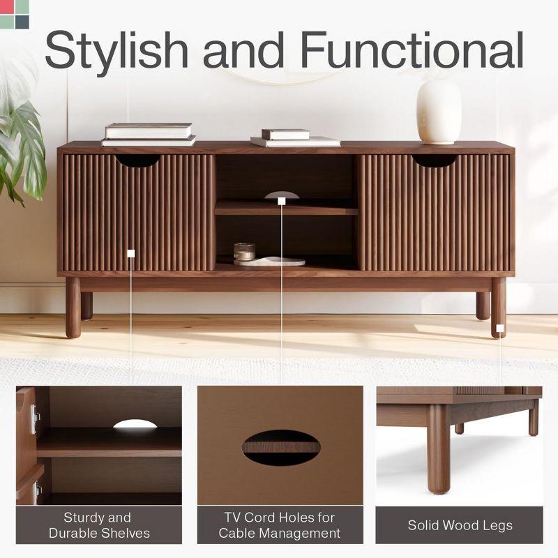 Stead Low Profile Fluted TV Stand - Mid Century Media Console - 48” Entertainment Center with Shelves and Doors, Walnut Finish