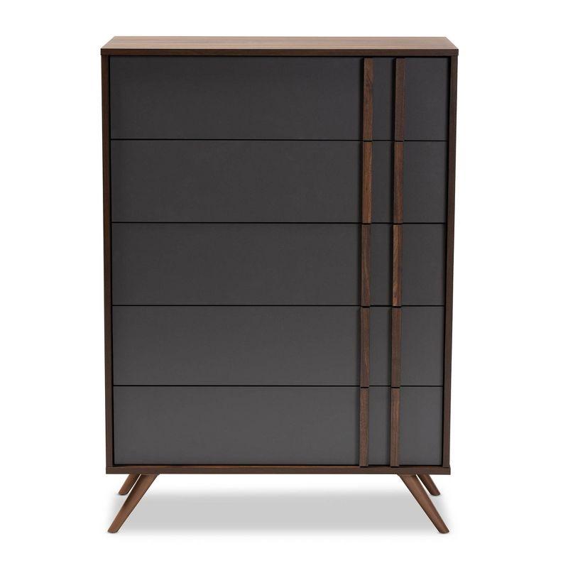 5 Drawer Naoki Wood Bedroom Chest Gray/Walnut - Baxton Studio: Modern Storage, Splayed Legs