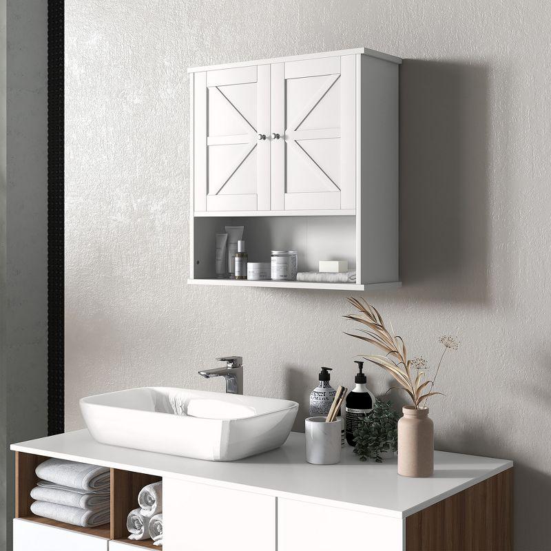 kleankin Bathroom Wall Cabinet, Farmhouse Medicine Cabinet with Open Shelf & Adjustable Shelf, Storage Cupboard for Laundry Room, White