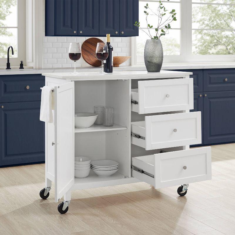 Crosley Soren Stone Top Kitchen Island/Cart White: Rolling Cart with Storage, 2 Shelves, 3 Drawers, Traditional Style