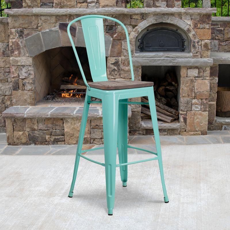 Flash Furniture 30" High Mint Green Metal Barstool with Back and Wood Seat