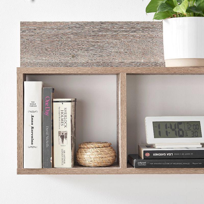 Danya B. 31.5" x 15.7" Modern 3 Cube Floating Wall Shelf with Display Ledge Weathered Oak: Laminated MDF, Iron Hardware