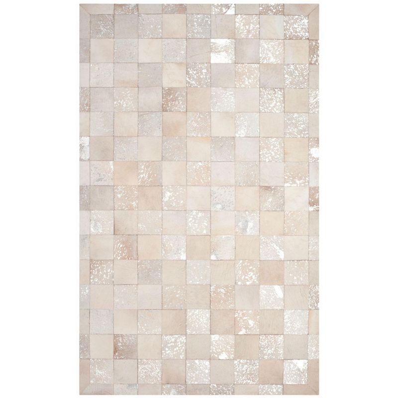 Ivory and Silver Hand-Knotted Geometric Leather Area Rug