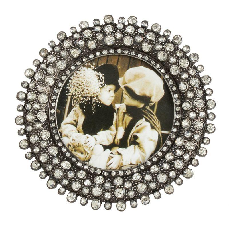 Antique Silver Jeweled Round Glass Picture Frame