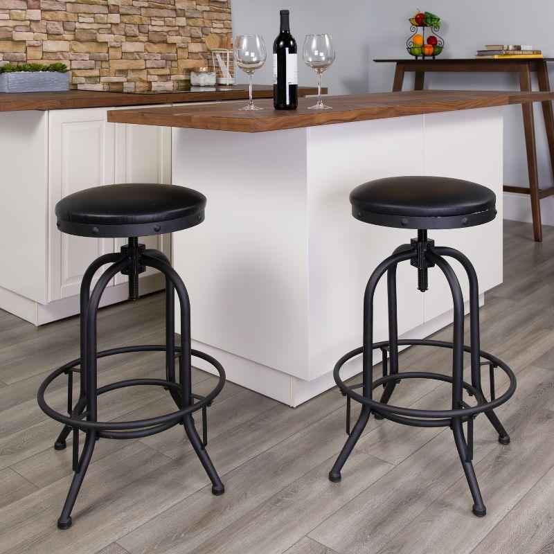 Industrial Swivel Lift Black Leather Adjustable Barstool, Set of 2