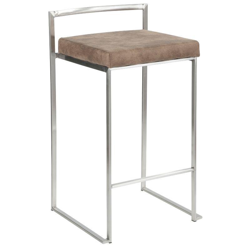 LumiSource Set of 2 26" Fuji Contemporary Stackable Counter Height Barstool Stainless Steel with Brown Cowboy Fabric Cushion: Upholstered