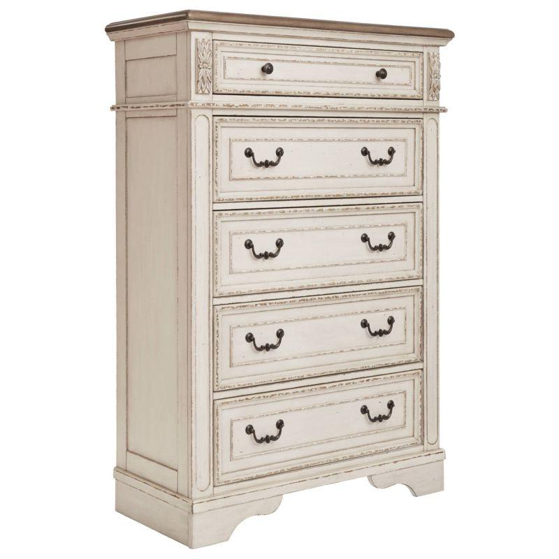 Charming Cottage White 5-Drawer Chest with Distressed Wood Top