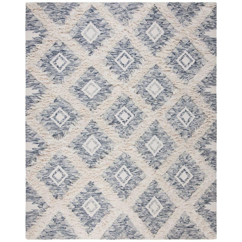 Handmade Rectangular 8' x 10' Blue/Ivory Wool Geometric Area Rug