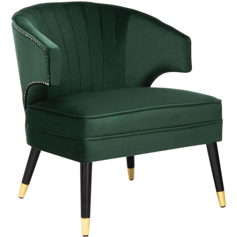 Transitional Forest Green Velvet Barrel Accent Chair with Black Wood Legs