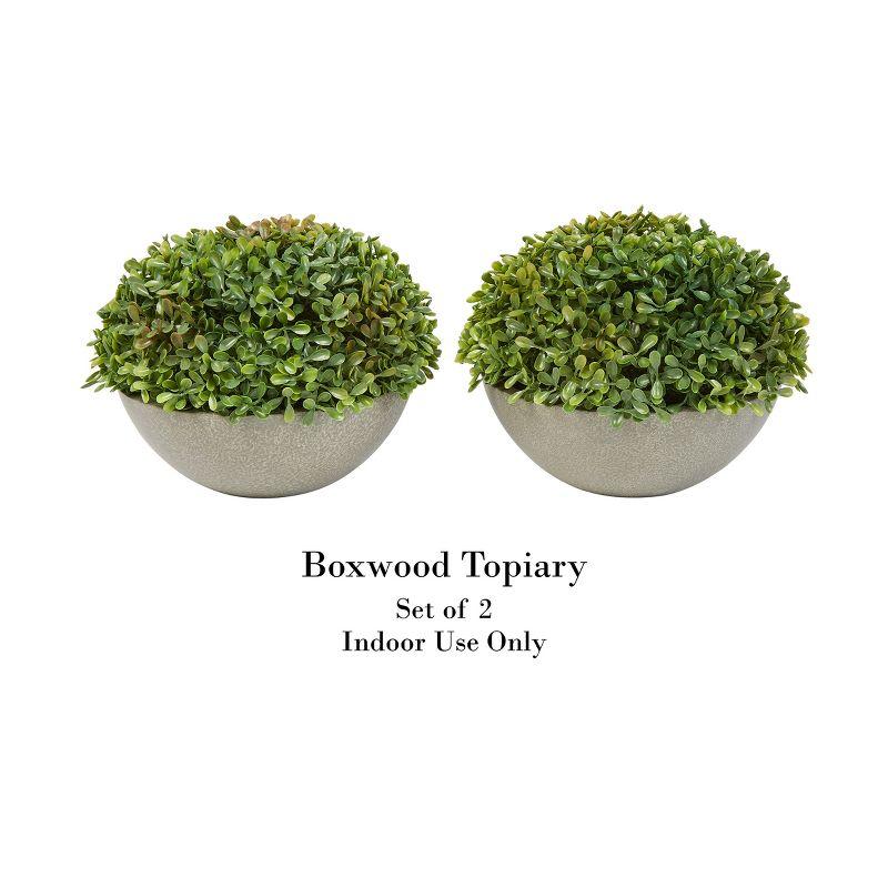 Pure Garden Faux Boxwood Set of 2 Matching Realistic 6" Tall Topiary Arrangements in Decorative Stone Bowls for Indoor Home or Office