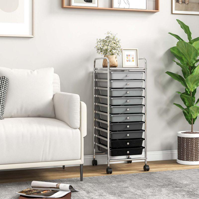 Black 10-Drawer Rolling Storage Cart with Chrome Frame