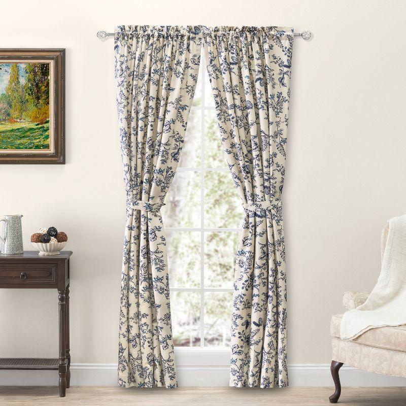 Indigo Floral Cotton Linen Light-Filtering Window Panels