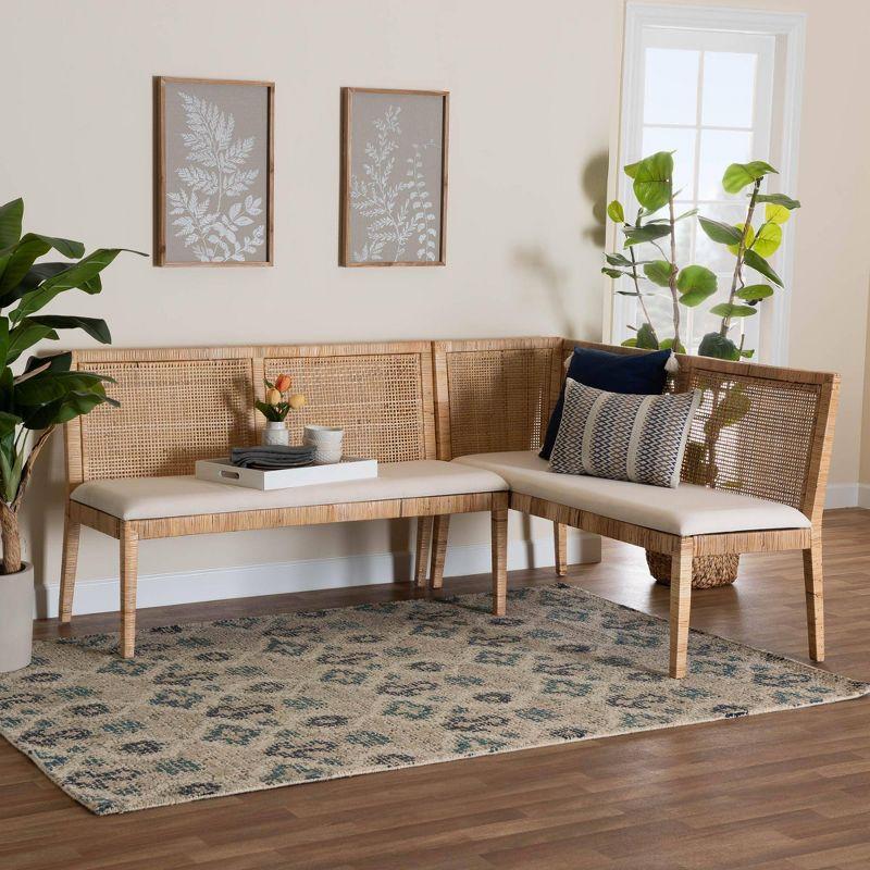 Kalimantan Light Honey Rattan 2-Piece Banquette Set with White Cushions