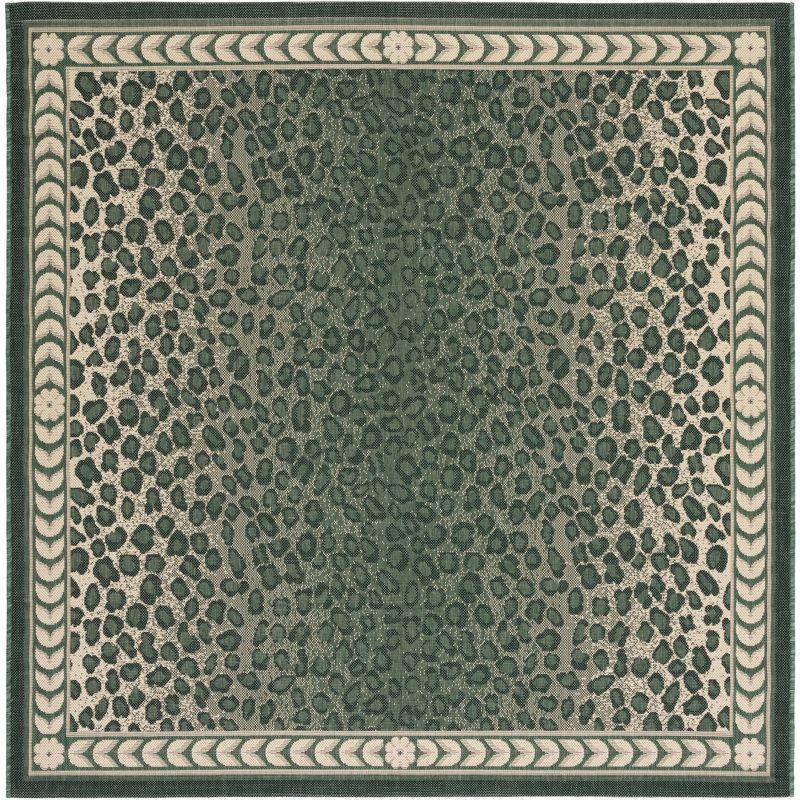 Reversible Dark Green and Ivory Synthetic Square Rug