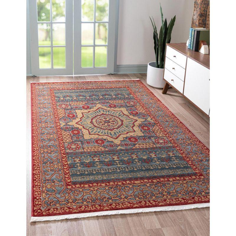 Navy Blue and Rust Red Rectangular Synthetic Area Rug