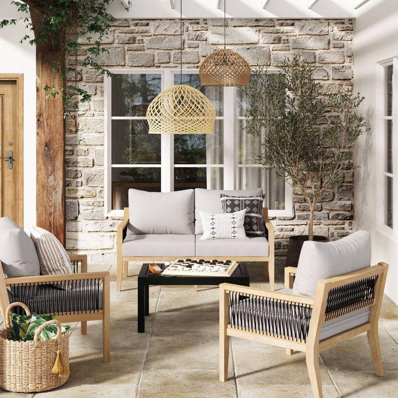 Nathan James 3pc Freya Bohemian Wood Outdoor Patio Conversation Set: Acacia Frame, UV-Resistant