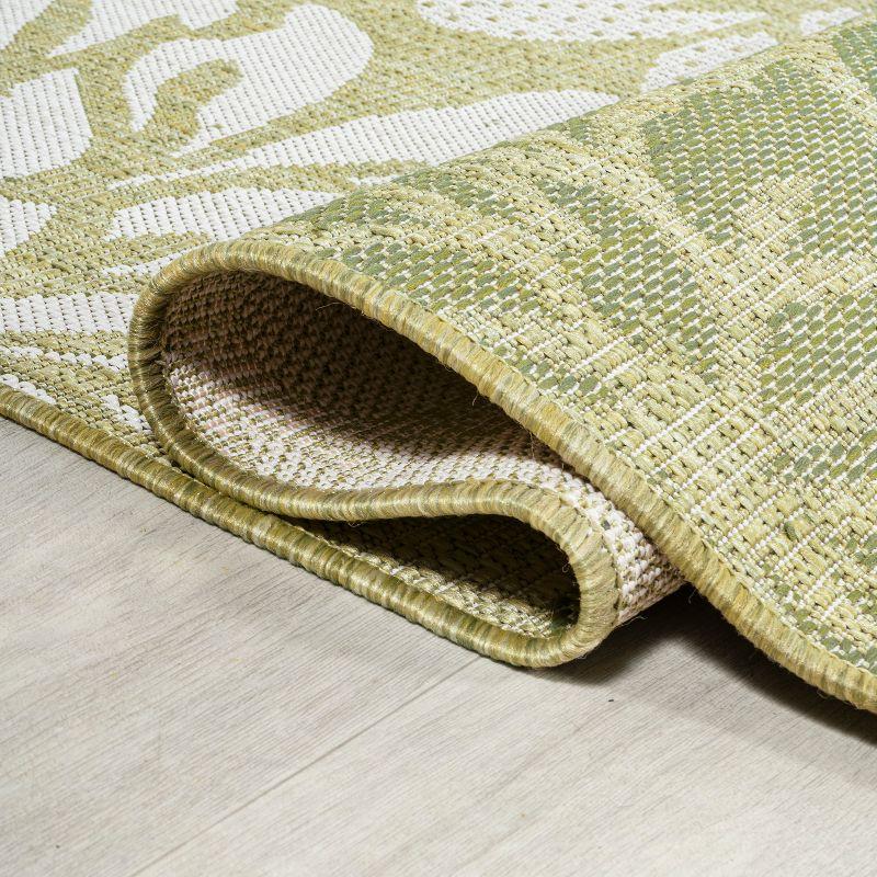 Sage Green and Cream Floral Flat Weave 5' Square Indoor/Outdoor Rug