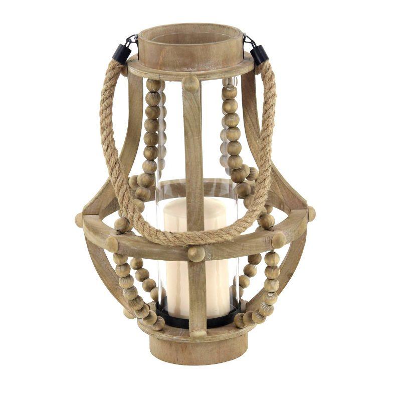 Beige Beaded Rustic Wooden 16'' Candle Lantern with Rope Handle