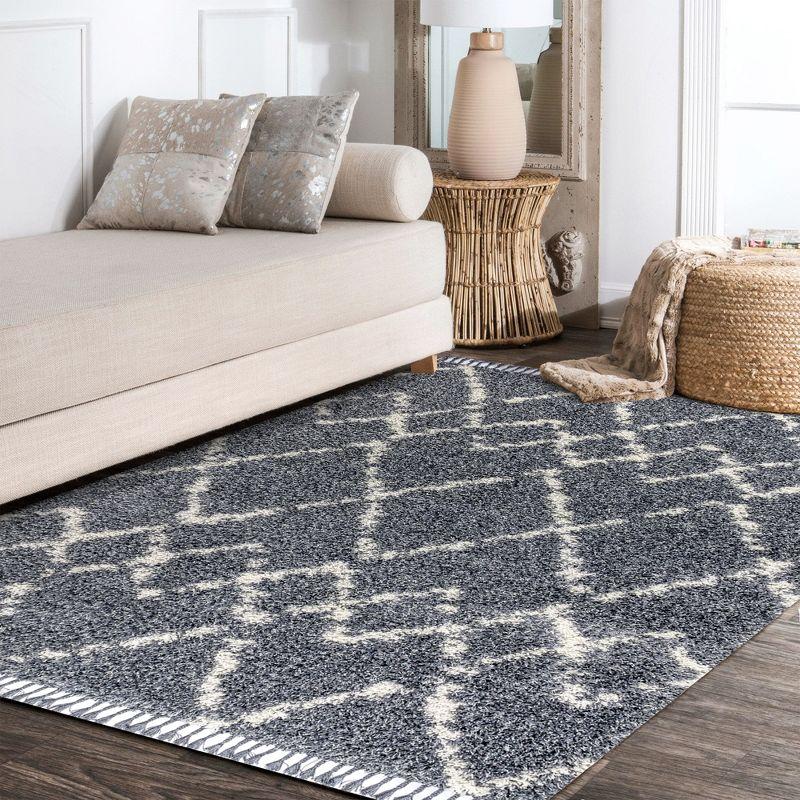 4'x6' Mercer Shag Plush Tassel Moroccan Geometric Trellis Area Rug, Denim/Cream - JONATHAN Y