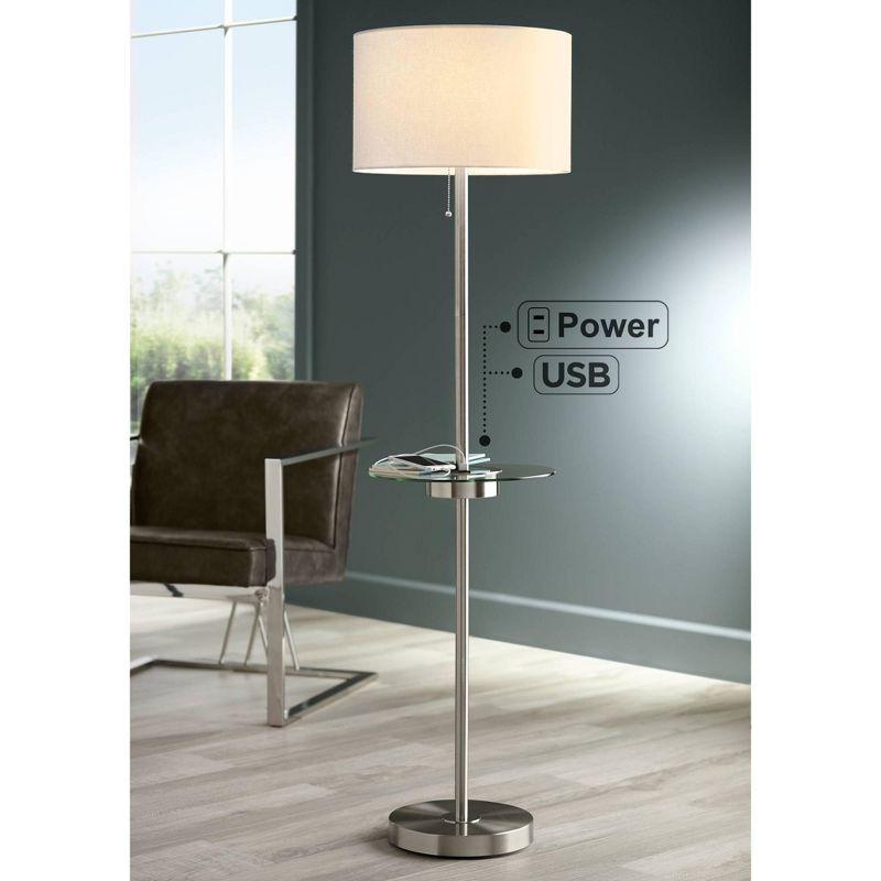 360 Lighting Caper Modern Floor Lamp with Tray Table 60 1/2" Tall Brushed Nickel USB and AC Power Outlet Off White Fabric Drum Shade for Living Room