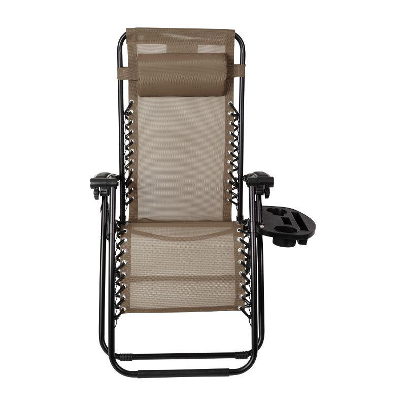 Merrick Lane Set of 2 Brown Folding Mesh Upholstered Zero Gravity Chair with Removable Pillow and Cupholder Tray