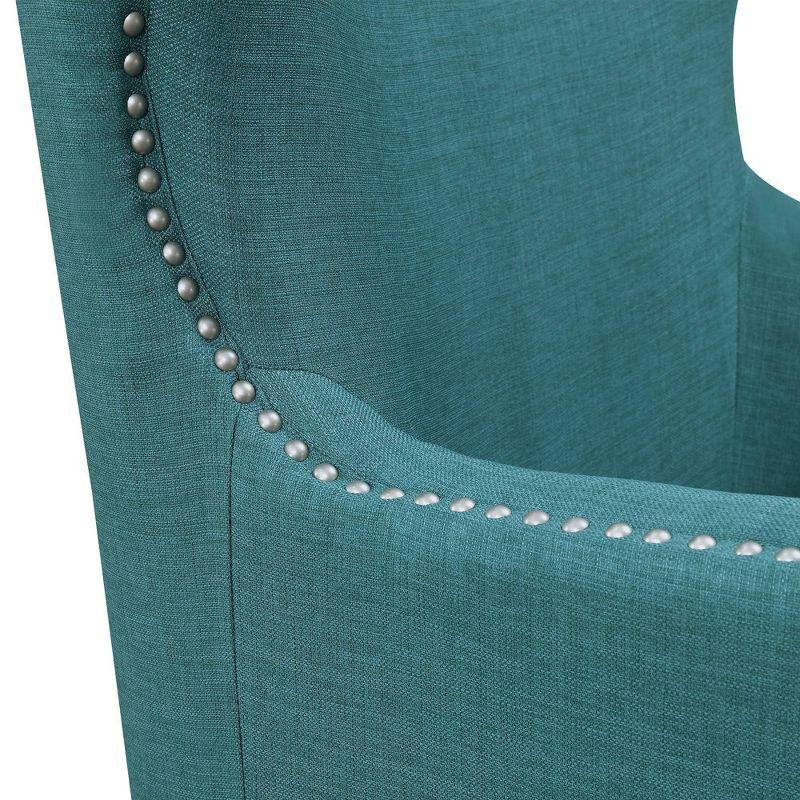 Transitional Teal Winged Accent Chair with Silver Nailhead Trim