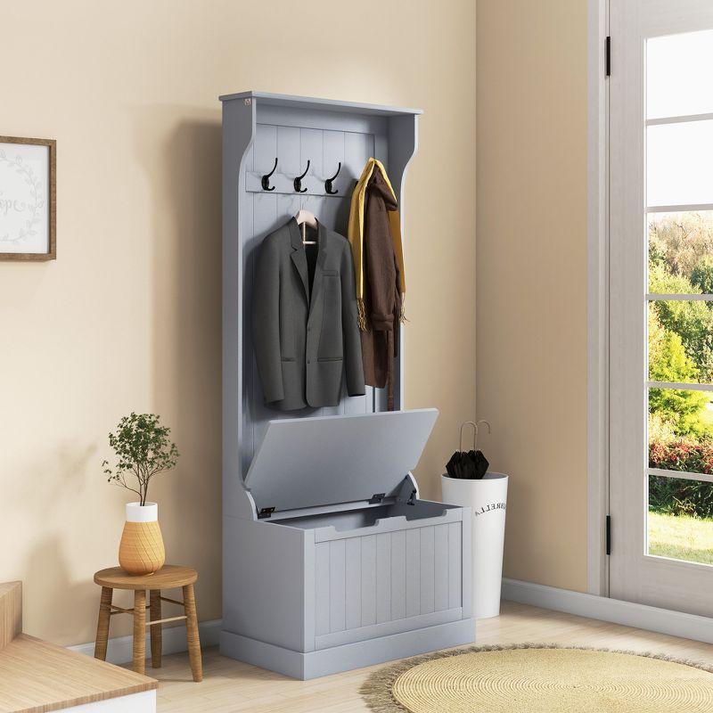 HOMCOM 3-In-1 Entryway Hall Tree with Storage Bench, Coat Rack with Four Hooks, and Shoe Storage, Gray