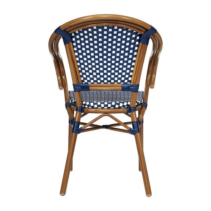 Emma & Oliver Soie Set of 2 Indoor/Outdoor Stacking Thonet Bistro Style Chairs w/ Arms, Navy & White PE Rattan Seat & Nat Bamboo Finished Metal Frame