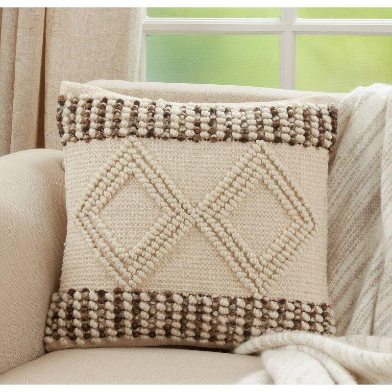 18"x18" Diamond Design Woven Square Pillow Cover Ivory - Saro Lifestyle: Bohemian Style, Zipper Closure