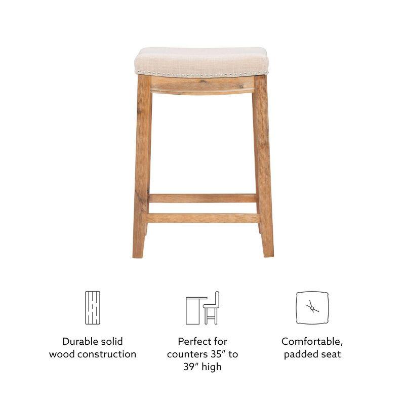 Claridge Backless Nailhead Saddle Acacia Counter Height Barstool Natural - Linon: Chic Beige Linen Seat, Rubberwood