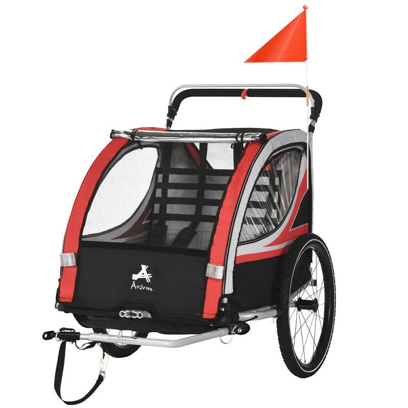 Aosom 3-in-1 Walk/Jog/Ride Child Baby Bike Trailer for Kids 2 Seater, Bike Stroller for Toddler Wagon, Double Bicycle Trailer Accessory for Kids, Red