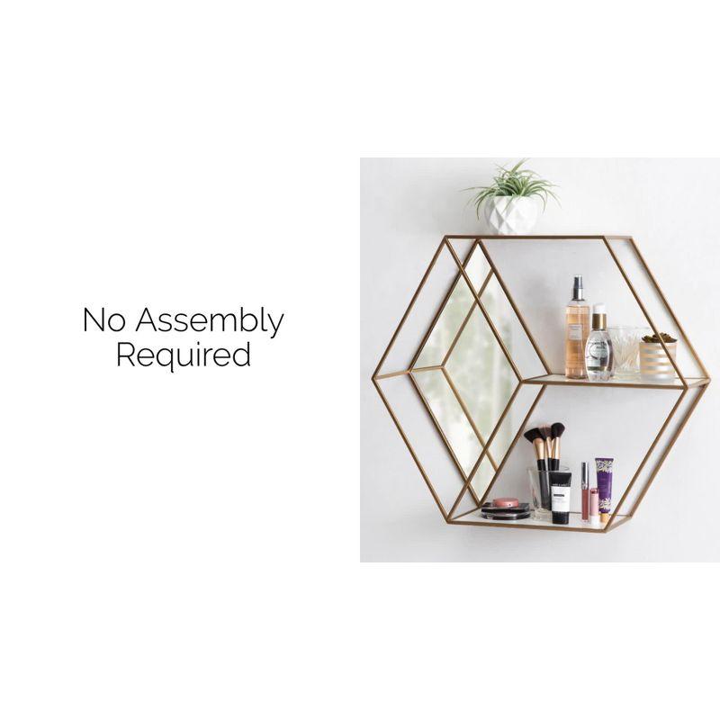 HexaShelf Rustic Brown Floating Hexagon Wall Shelf with Mirror