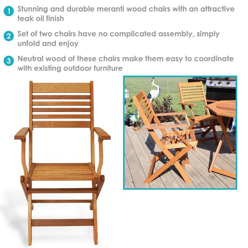 Sunnydaze Meranti Wood with Teak Oil Finish Wooden Folding Patio Lawn Slatted Arm Chairs Set - Brown - 2pk