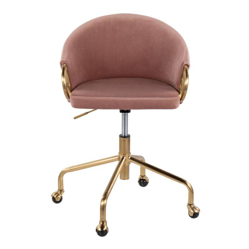 LumiSource Claire Velvet/Metal/Plywood Task Chair Gold/Blush: Chic Adjustable Office Seating with Swivel Base & Foam Padding