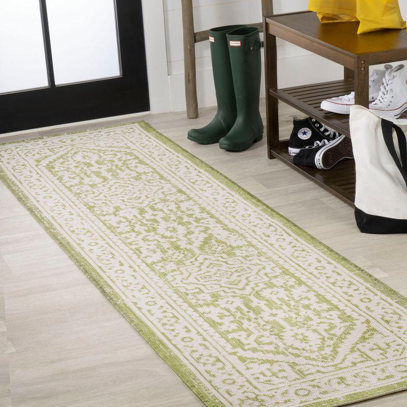 2' x 8' Sinjuri Medallion Textured Weave Indoor/Outdoor Runner Rug, Green/Cream - JONATHAN Y