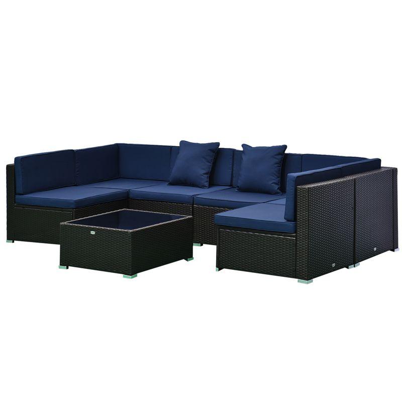 Outsunny 7 Piece Outdoor Patio Furniture Set, PE Rattan Wicker Sectional Sofa Set with Couch Cushions, Pillows, Coffee Table, Blue