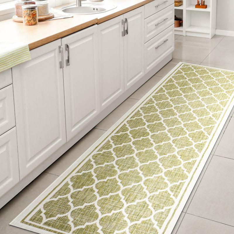 2' x 8' Trebol Moroccan Trellis Textured Weave Indoor/Outdoor Runner Rug, Green/Cream - JONATHAN Y