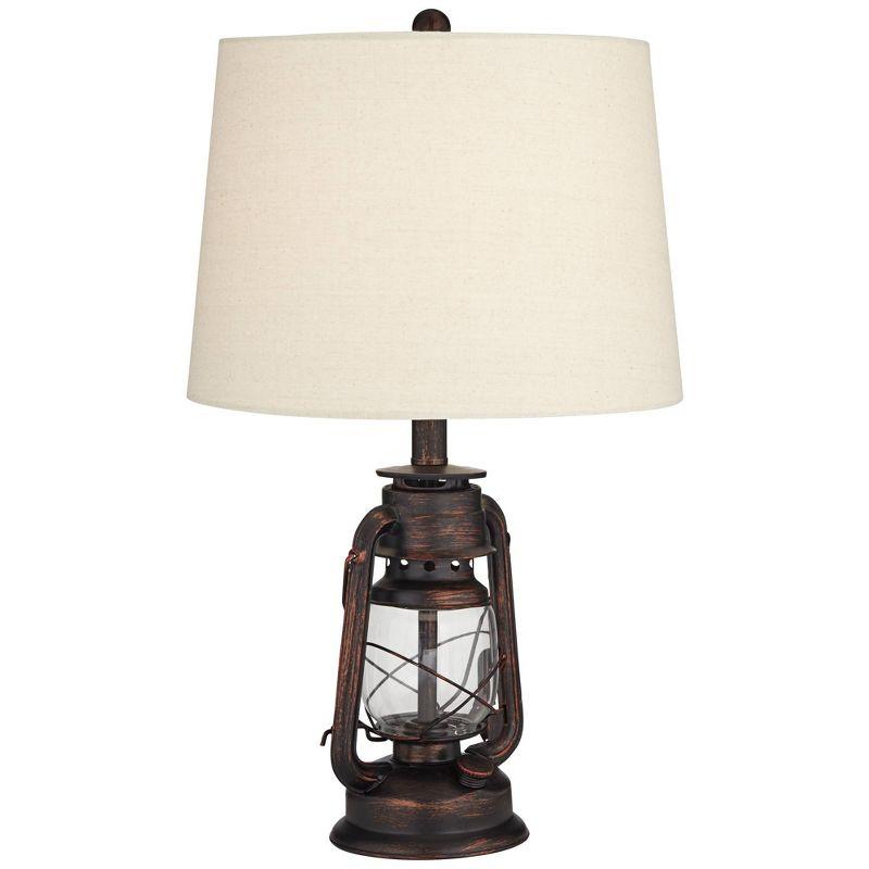 Franklin Iron Works Murphy Rustic Industrial Accent Table Lamp Miner Lantern 23" High Red Bronze Oatmeal Fabric Shade for Bedroom Living Room Office