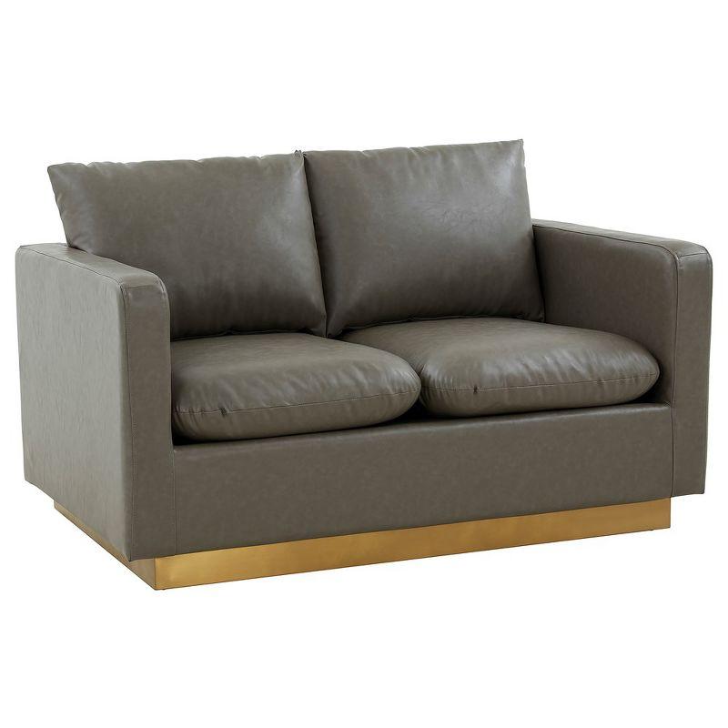 LeisureMod Nervo Mid-Century Modern Upholstered Faux Leather Loveseat with Gold Frame