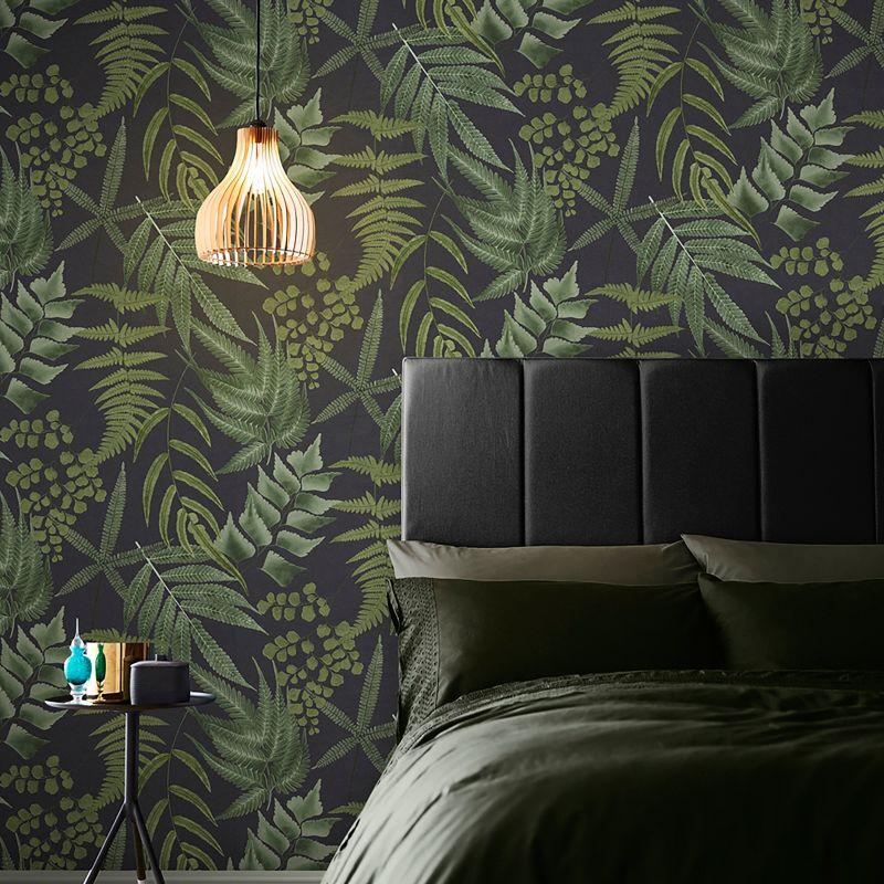 Midsummer Fern Black and Green Tropical Leaves Paste the Wall Wallpaper