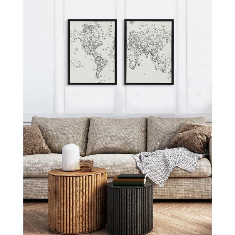 Vintage Black and White World Map Framed Canvas Set