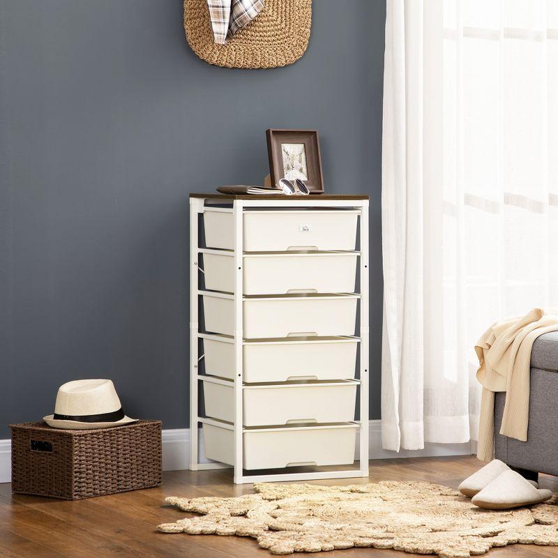 Modern White 6-Drawer Dresser with Plastic Bins and Steel Frame