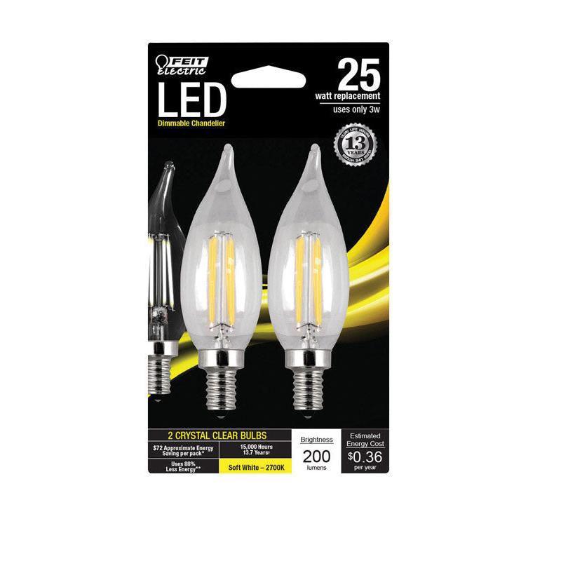 Feit Electric 25W Equivalent Clear Dimmable LED Candelabra Bulbs, 2-Pack