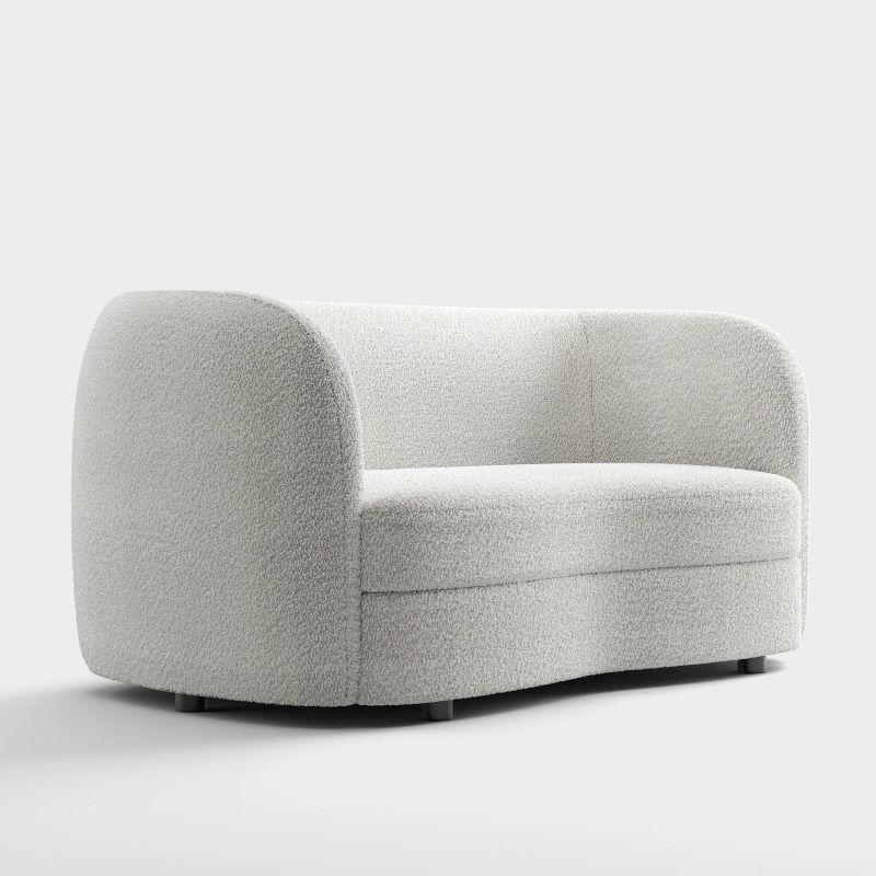 Off-White Boucle Fabric Curved Loveseat with Wooden Legs