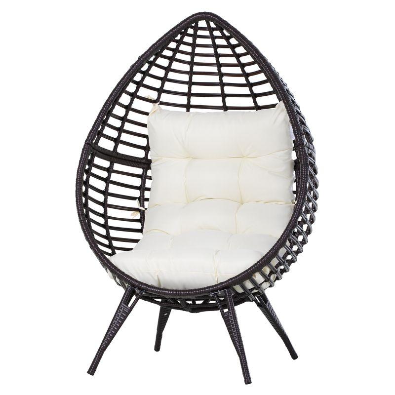 Outsunny Wicker Egg Chair, Oversized Indoor Outdoor Boho Lounge, Hand-Woven Water-Safe PE Rattan Furniture with Cushion, Beige