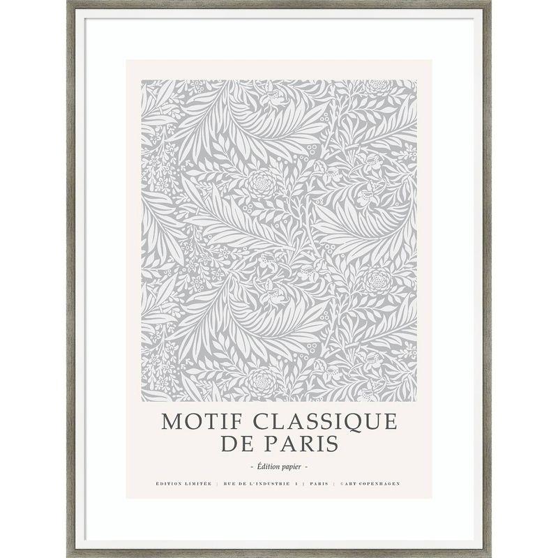 Gray and White Vintage Parisian Leaf Pattern Framed Print