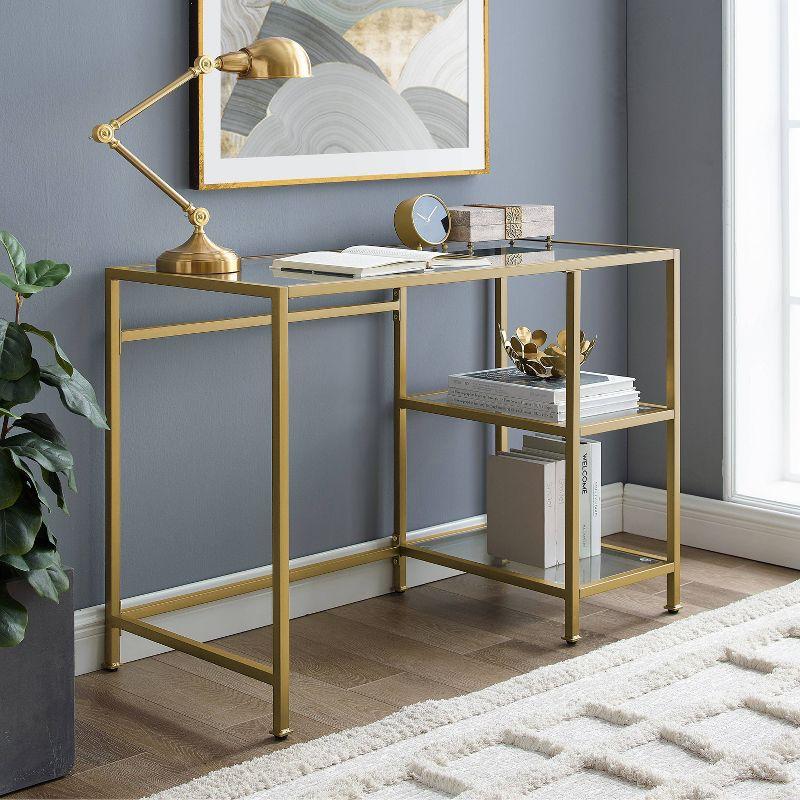 Aimee Desk Gold - Crosley: Sleek Steel Frame, Tempered Glass Top, Open Storage Shelf