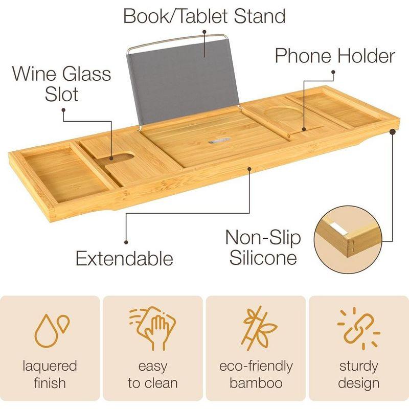 Bathtub Tray for Tub - Bamboo Expandable Bath Tray with Wine, Book & Tablet Holder, Luxurious Tub Tray, Bath Caddy, Foldable, Christmas Gift (Natural)