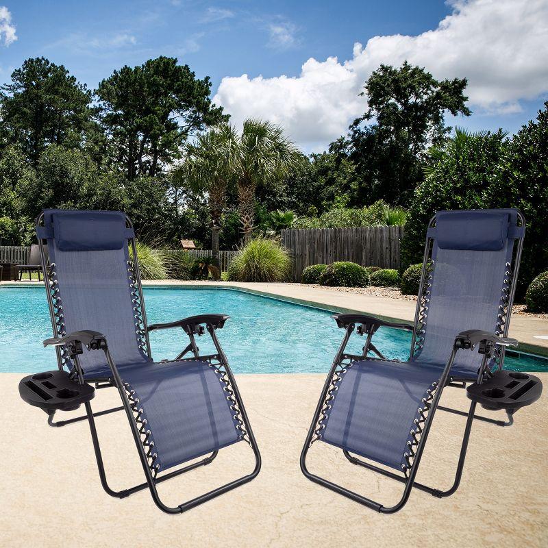 Set of 2 Zero Gravity Outdoor Chairs with Side Tables, Cupholders, Phone, and Tablet Holder and Chair Pillow by Hastings Home